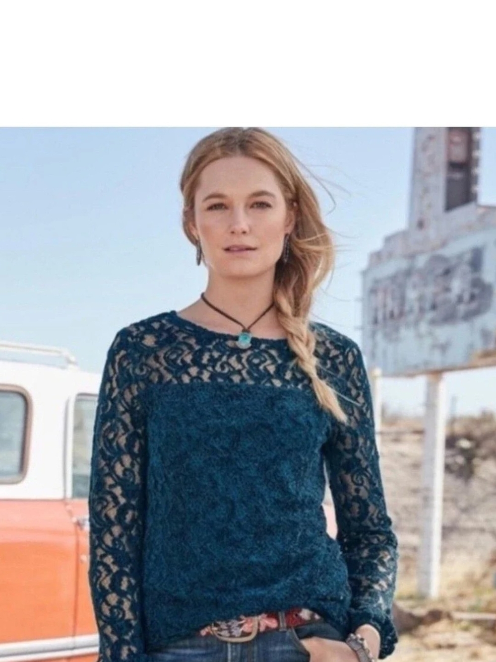 Sundance Sheer Teal Lace Crochet Long Sleeve Top Size Small